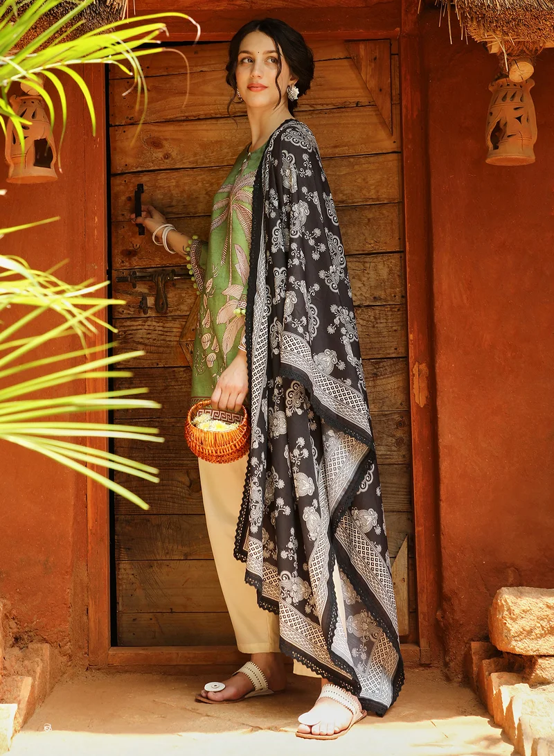 QISSA Women's Grass Green Palm Foliage Kurti With Trousers For Casual Wear | Round Neck | Quarter Sleeves | 3 Piece Kurta Set Designed With Comfort Fit For Everyday Ethnic Wear